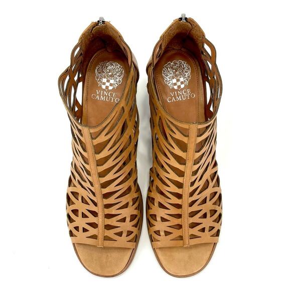 Vince Camuto Open Toe Bootie Sz 10 Tan/Brown Cut-Out Leather Stacked Block Heel - Picture 4 of 16